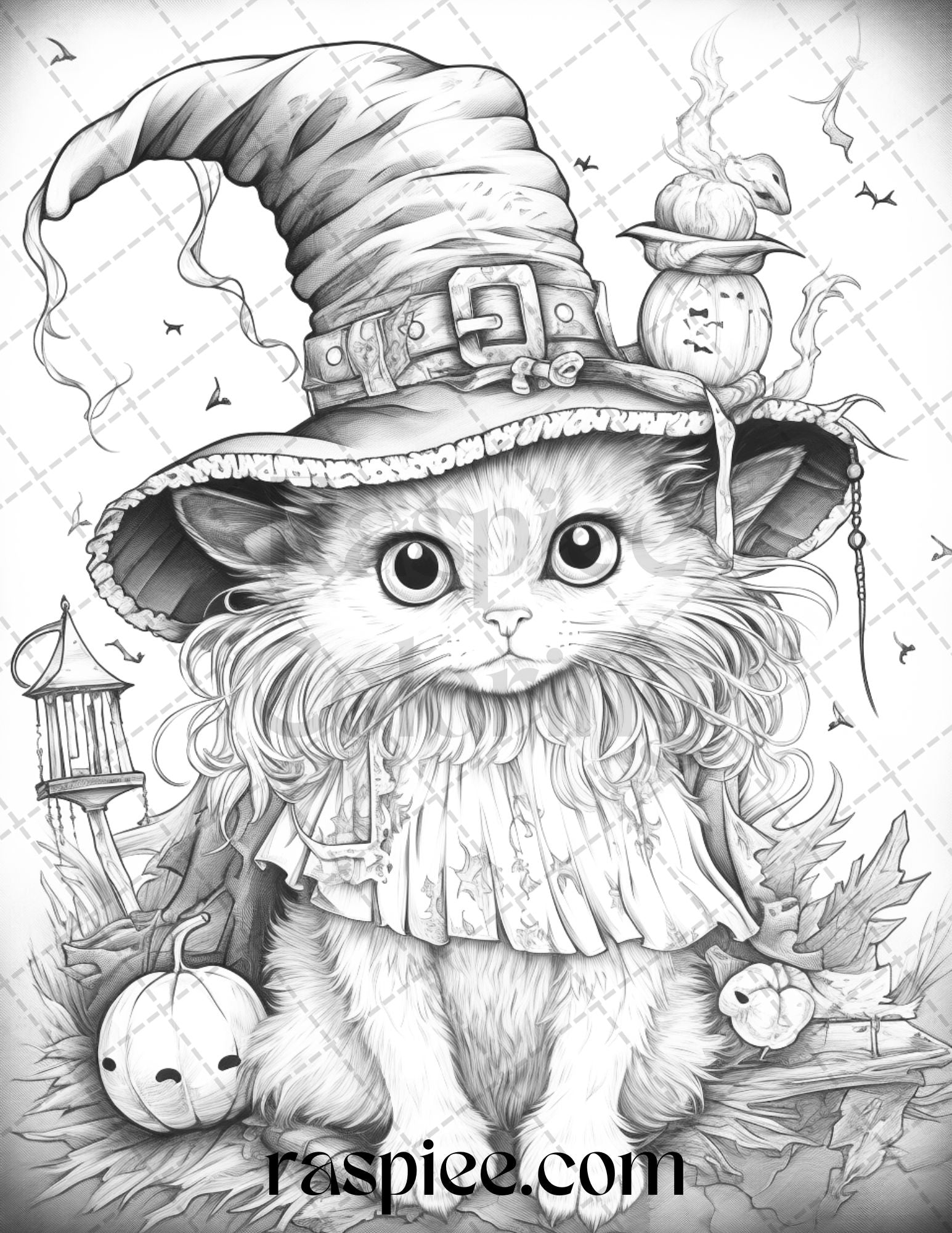 Halloween witch cat grayscale coloring pages printable for adults â coloring