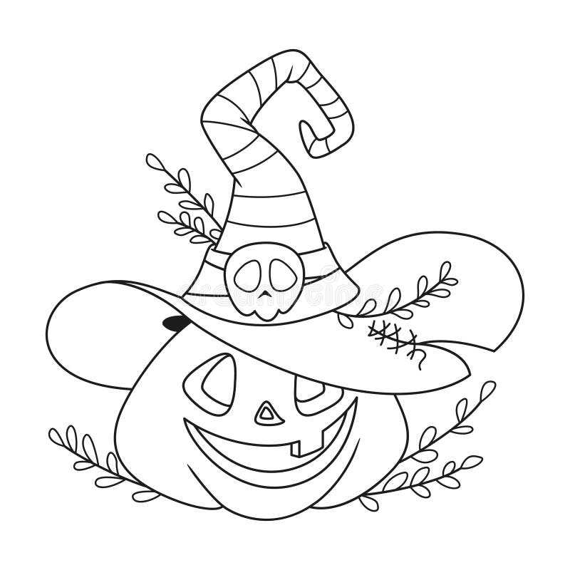 Pumpkin with witch hat for halloween coloring page outline cartoon vector illustration stock vector