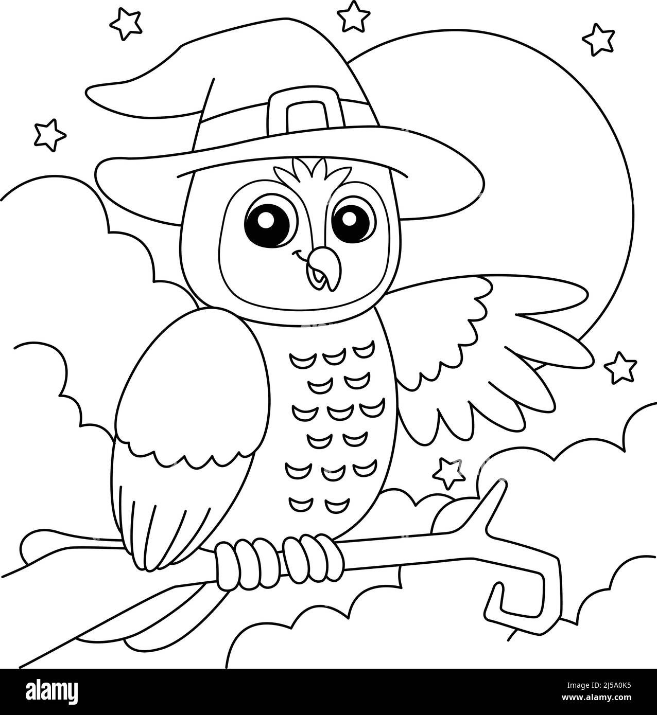 Owl witch hat halloween coloring page for kids stock vector image art