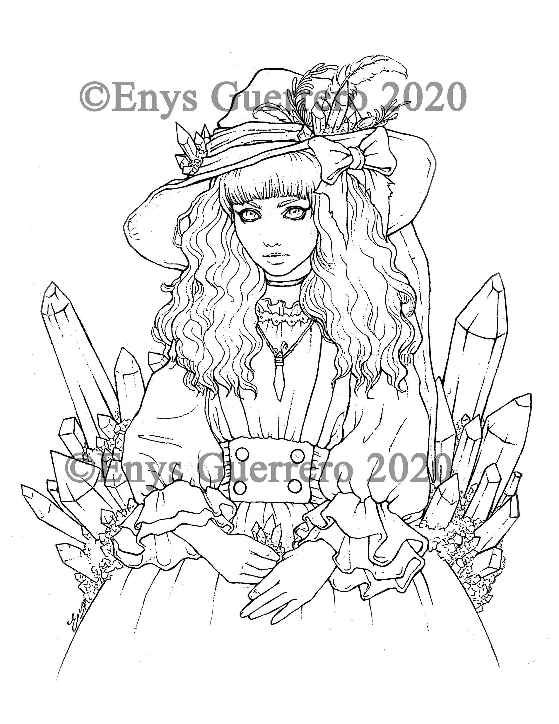 Black crystal witch coloring page goth fantasy printable download jpg by enys guerrero