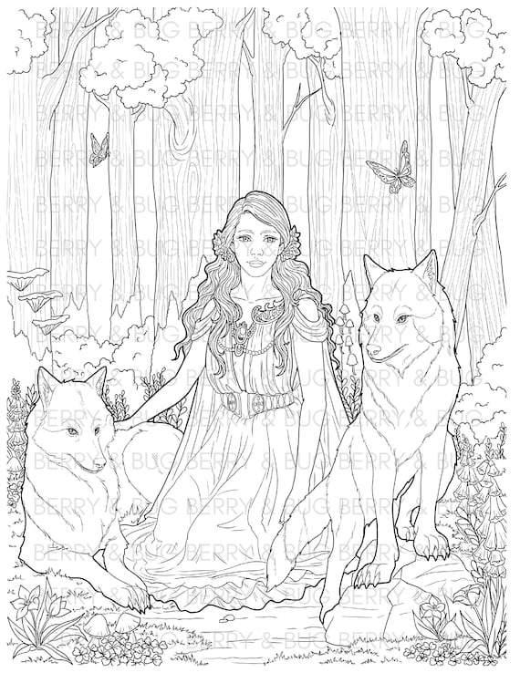 Wolves woman coloring page printable adult coloring page wolf coloring page printable pdf realistic detailed