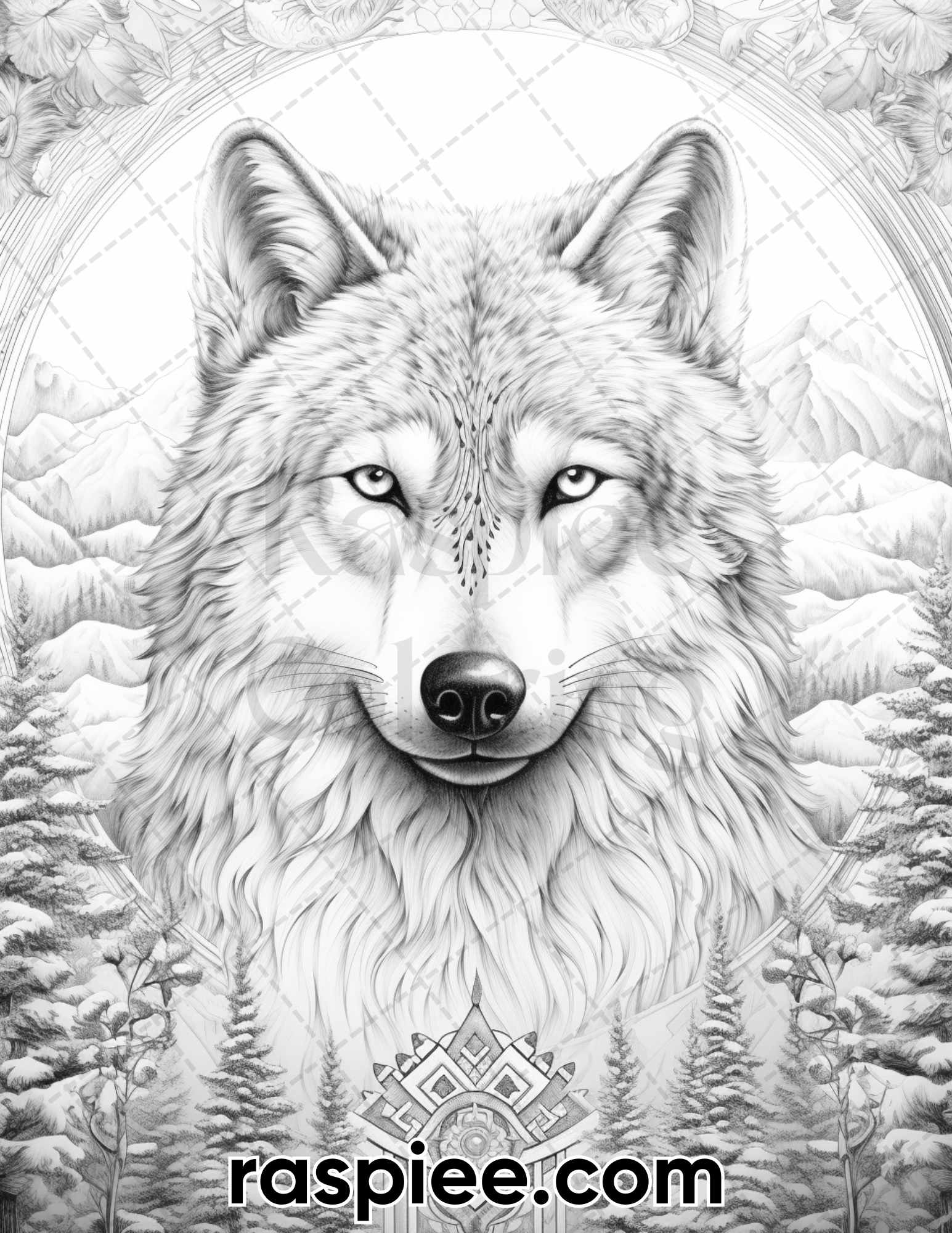 Winter wolf grayscale coloring pages for adults printable pdf inst â coloring