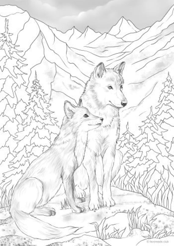 Wolf and fox printable adult coloring page from favoreads coloring book pages for adults and kids coloring sheets colouring designs