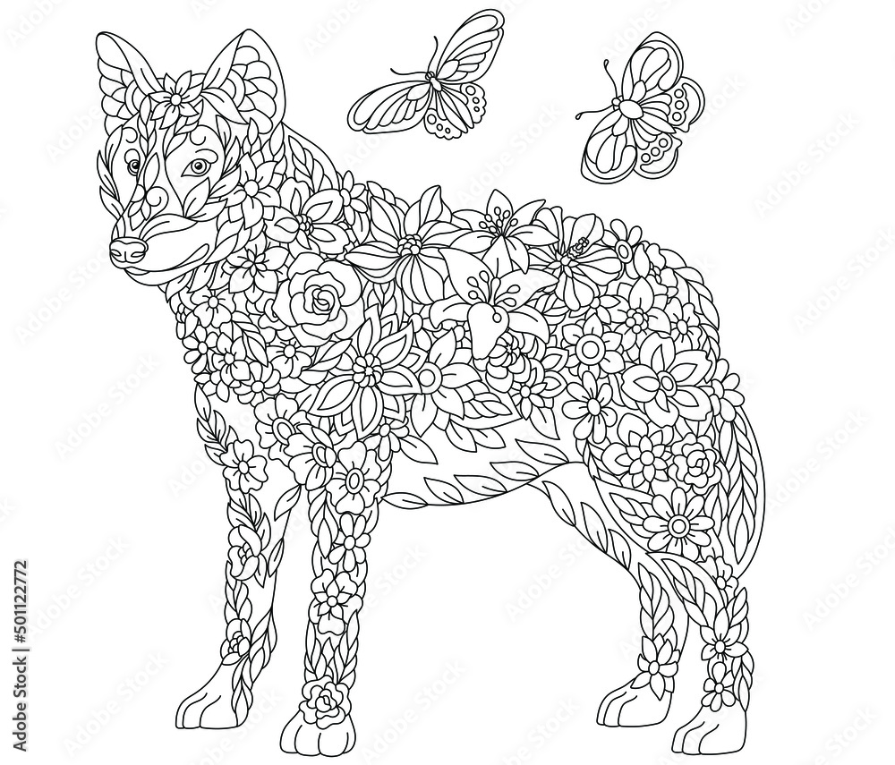 Floral adult coloring book page fairy tale wolf ethereal animal consisting of flowers leaves and butterflies vector