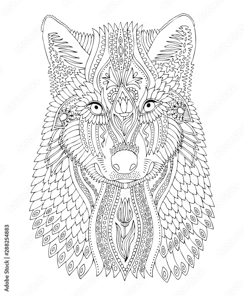 Wolf head hand drawn picture sketch for antistress adult coloring book vector illustration for coloring page isolated on white background template for poster t