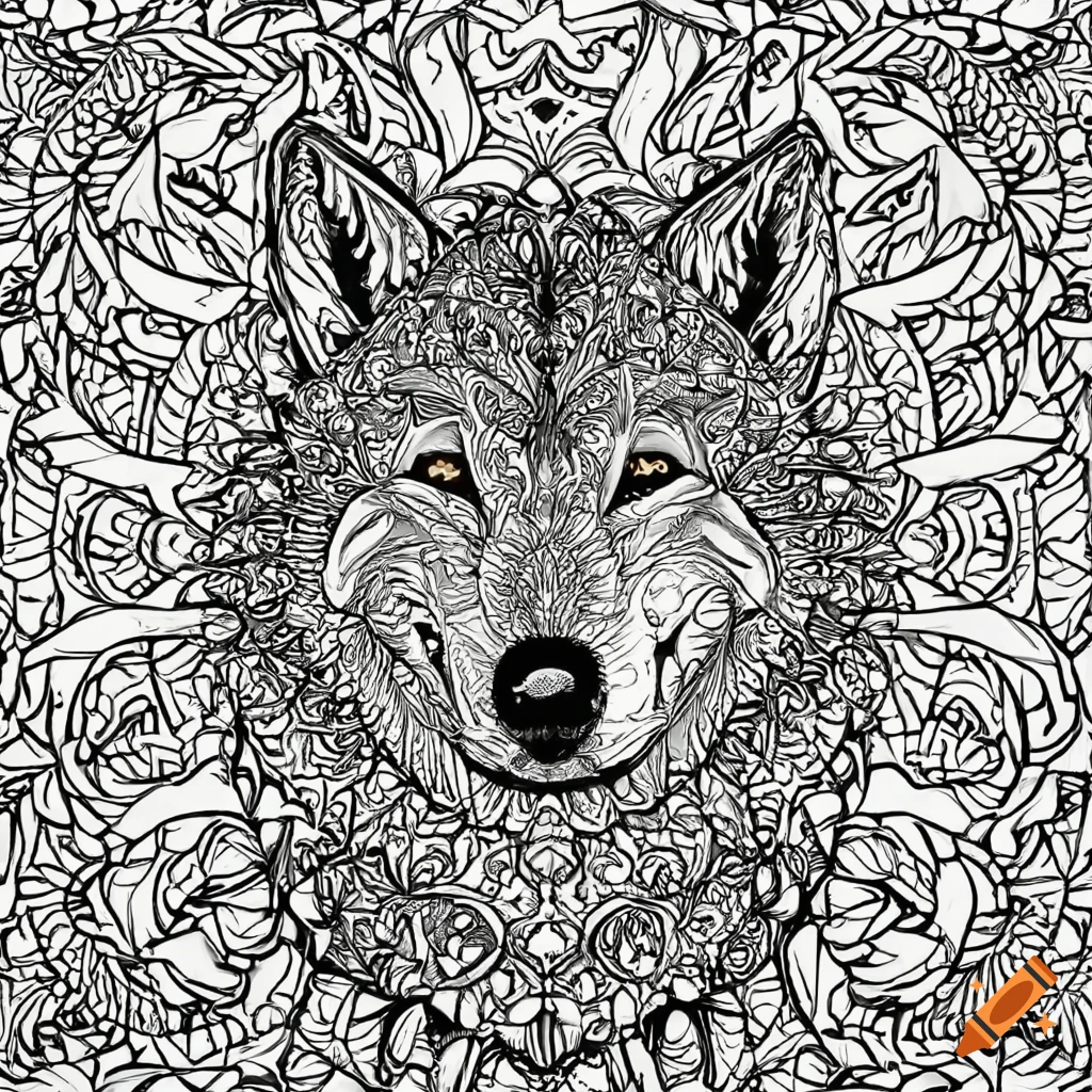 Coloring page for adults mandala wolf image white background clean line art fine line art