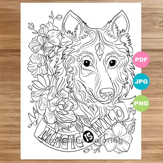 Wolf coloring page magical animal animal art coloring page printable coloring pages for adults coloring pages for kids instant download