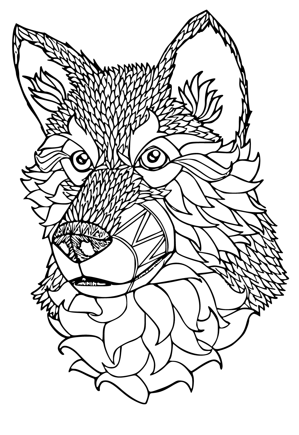 Free printable wolf difficult coloring page for adults and kids