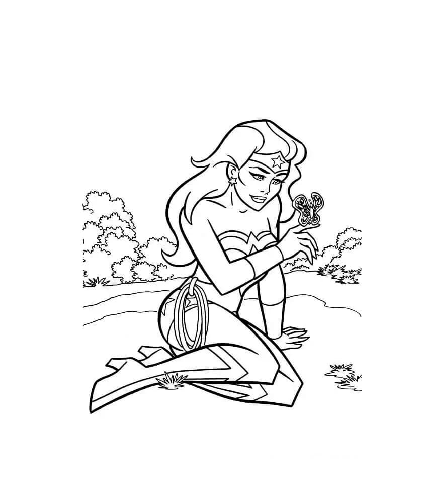 Wonder woman and a butterfly coloring page