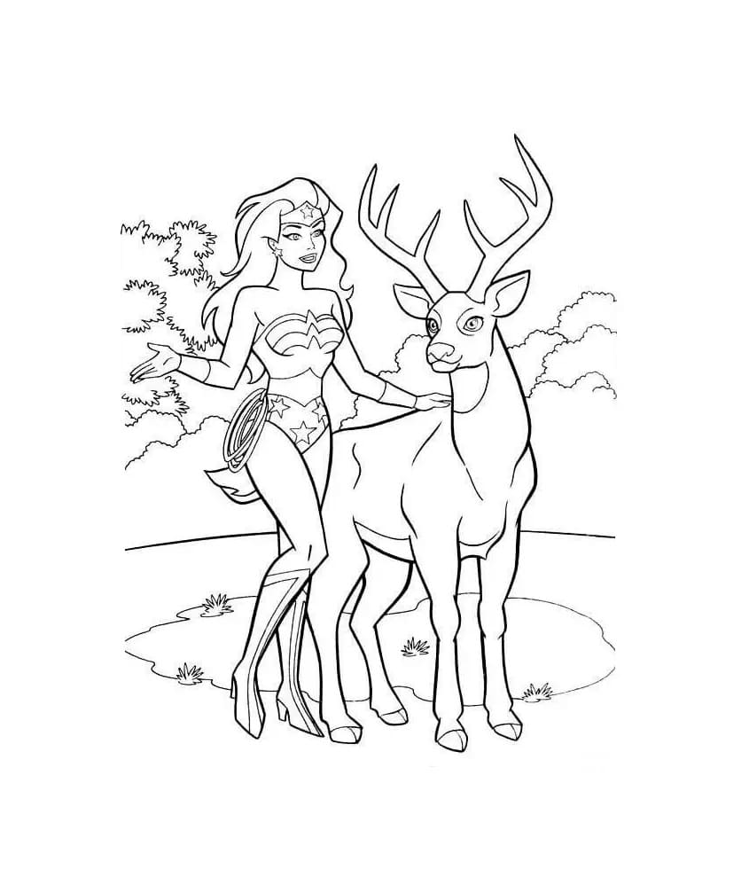 Wonder woman and a deer coloring page