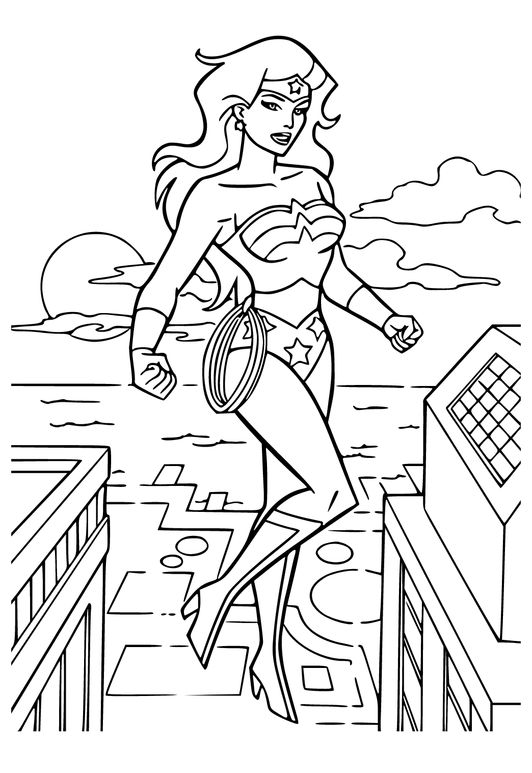 Free printable wonder woman city coloring page for adults and kids