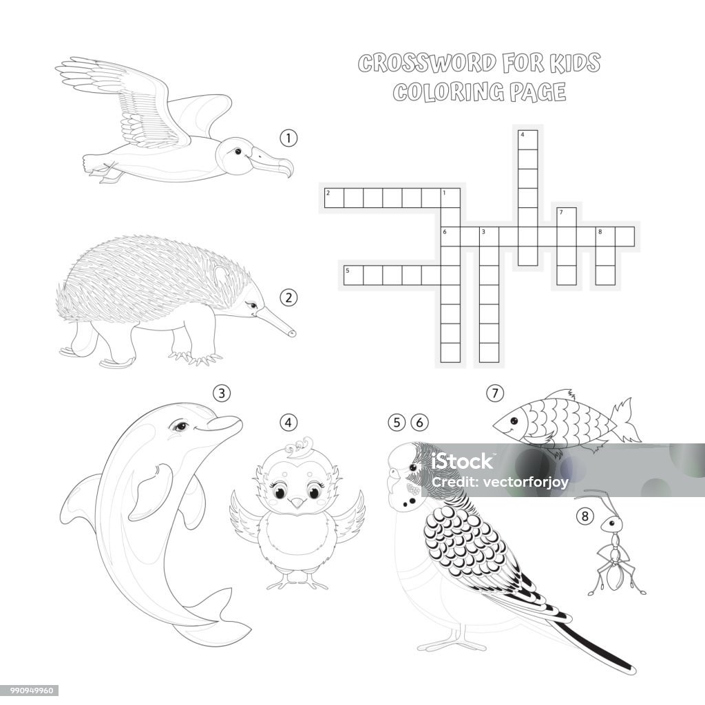 Vector crossword coloring book page education game for children about animals kids magazine coloring book word puzzle game worksheet for kids printable version stock illustration