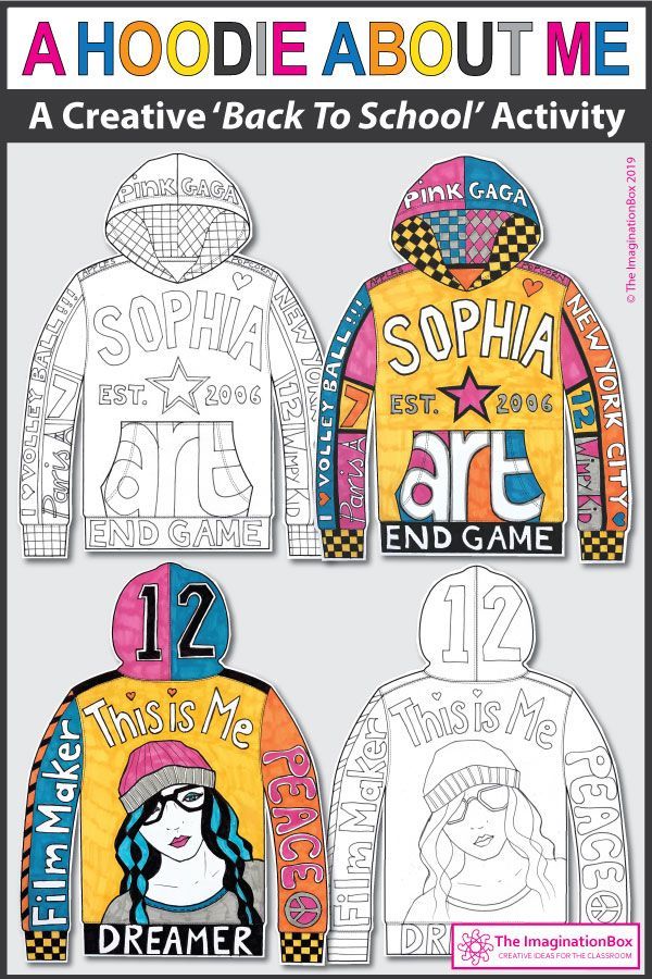Design a hoodie all about me first week back to school art and writing activity back to school art activity school art activities all about me art