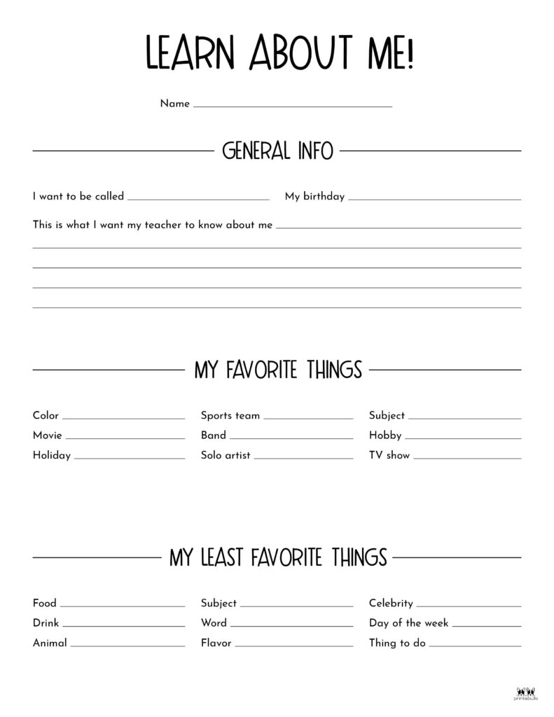 All about me printable worksheets