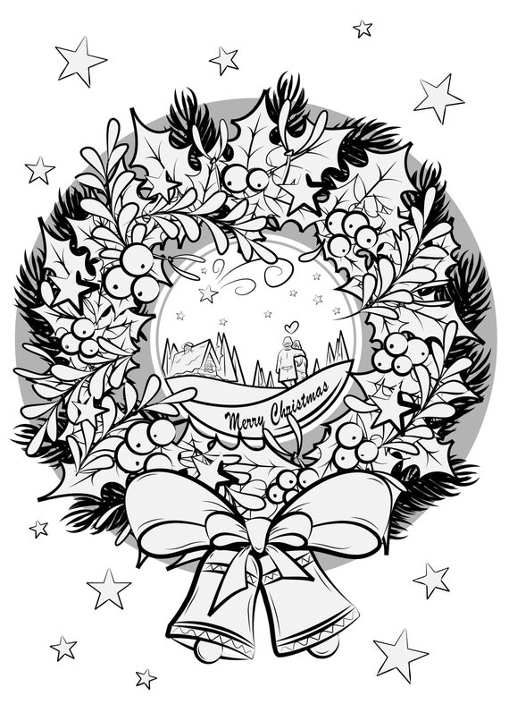 Christmas wreath coloring page i printable jpg pdf file i instant download i coloring for kids and adults