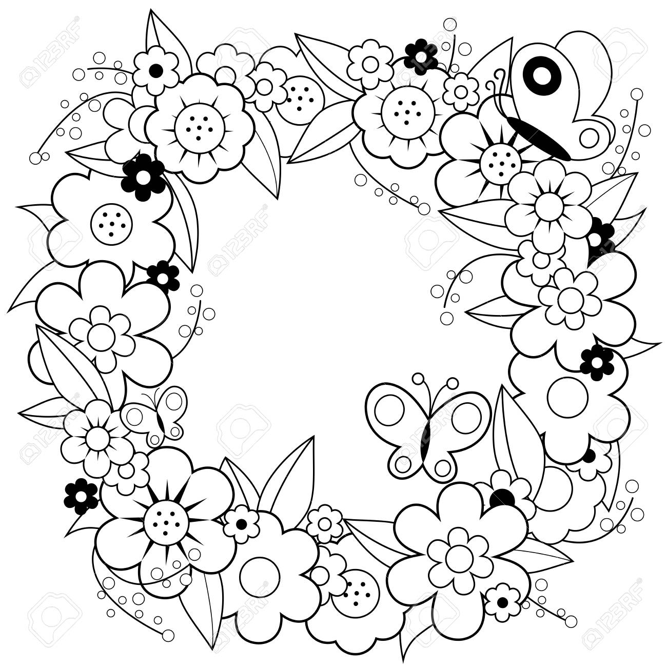 Flower wreath coloring book page royalty free svg cliparts vectors and stock illustration image