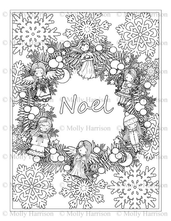 Noel christmas wreath with dolls coloring page printable instant download downloadable all ages chrismas