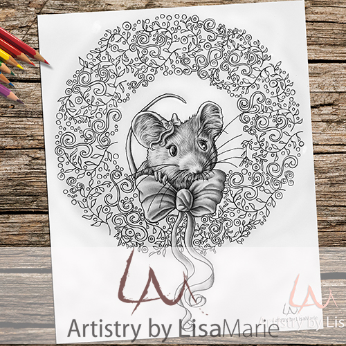 Mouse with christmas wreath printable coloring page â artistry by lisa marie