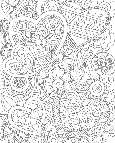 Hearts zentangle coloring page free printable coloring pages