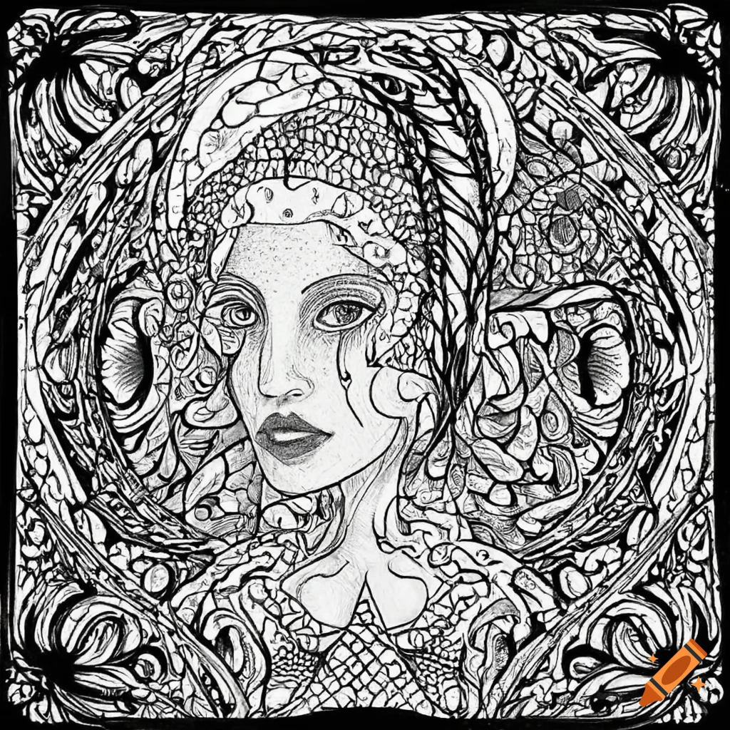 Coloring pages for adults black and white coloring page psychedelic fairy in the style of art nouveau swirly lines high detail geometric background black and white no shading on