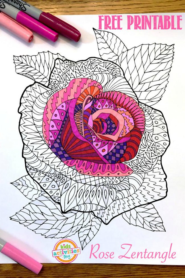 Printable adult coloring page â rose zentangle