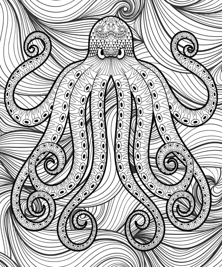 Vector zentangle octopus in sea print for adult coloring page a stock vector