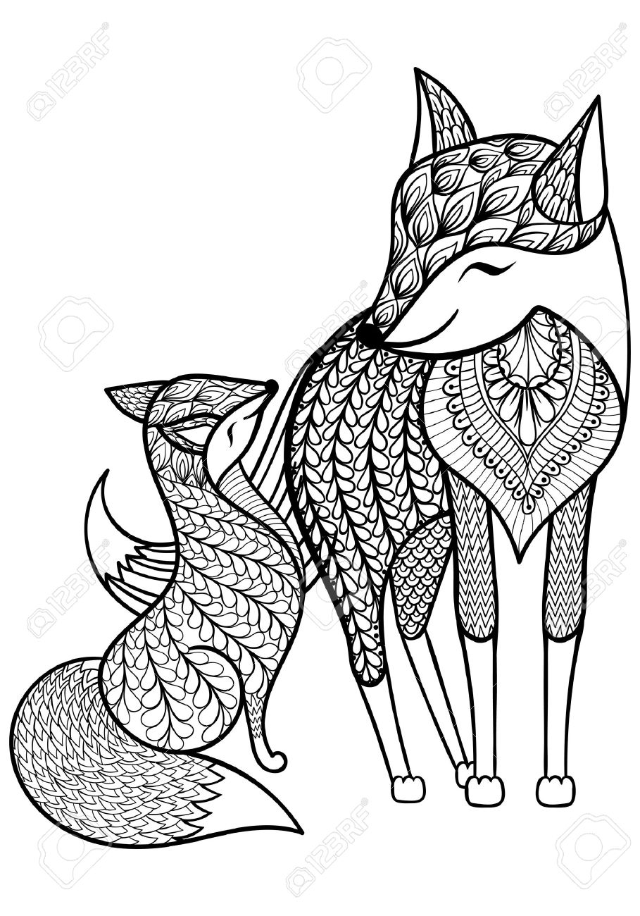 Hand drawn fox with young child pattern for adult coloring page a size in doodle zentangle style ethnic ornamental patterned print monochrome sketch floral printable vector illustration royalty free svg cliparts vectors