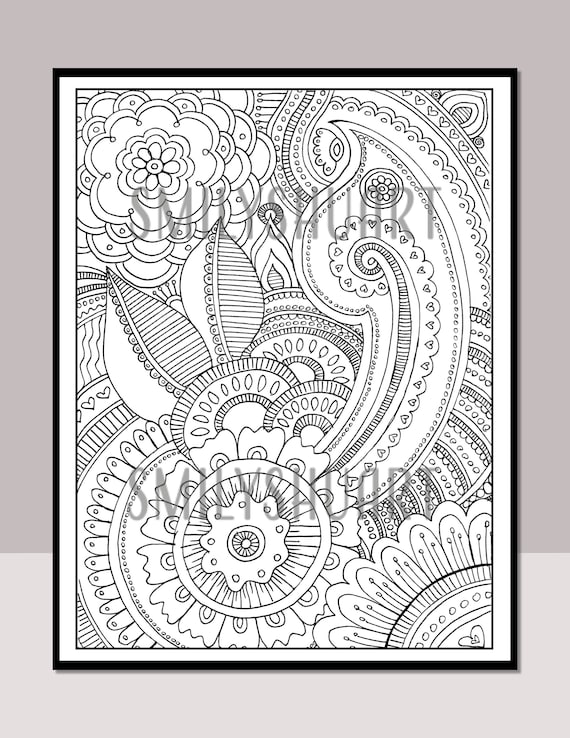 Abstract floral design printable adult coloring page zentangle doodle art digital download calm relaxing art therapy