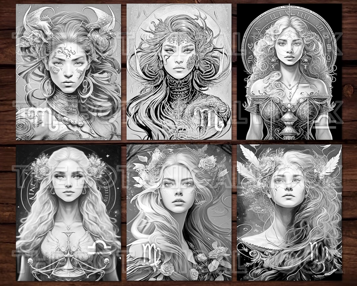 Women of the zodiac signs fantasy anime coloring page adults kids