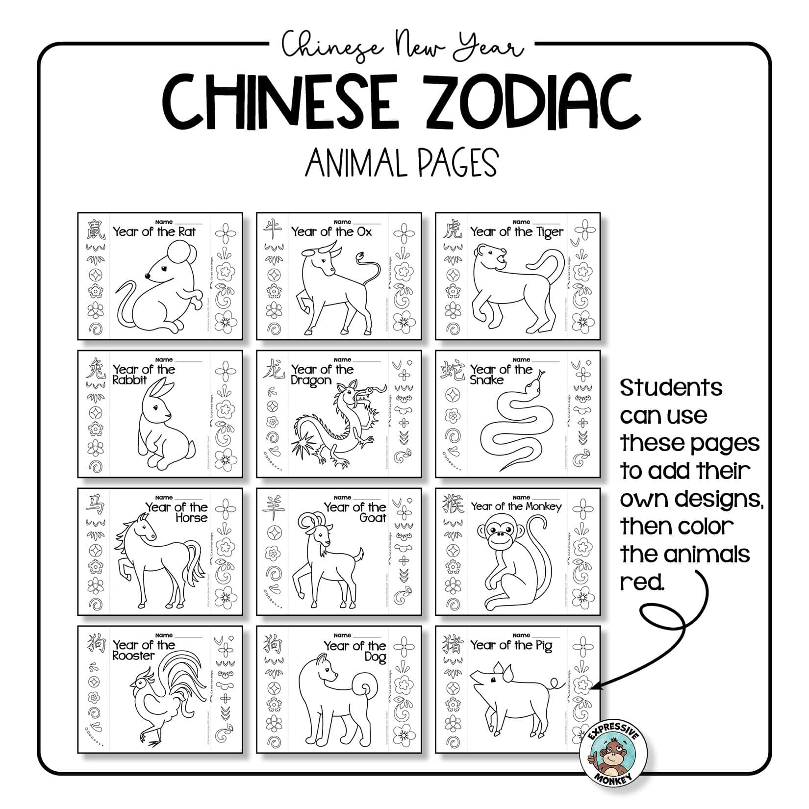 Chinese zodiac animals coloring pages