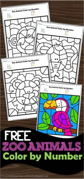 Ðð free zoo animals color by number worksheets for kindergarten