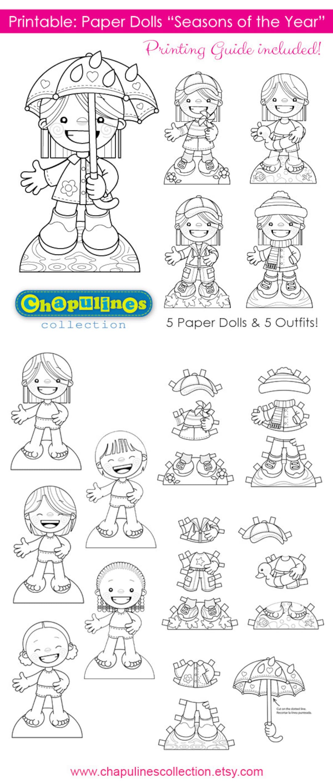 Paper dolls printable seasons of the year girls bw coloring pages set