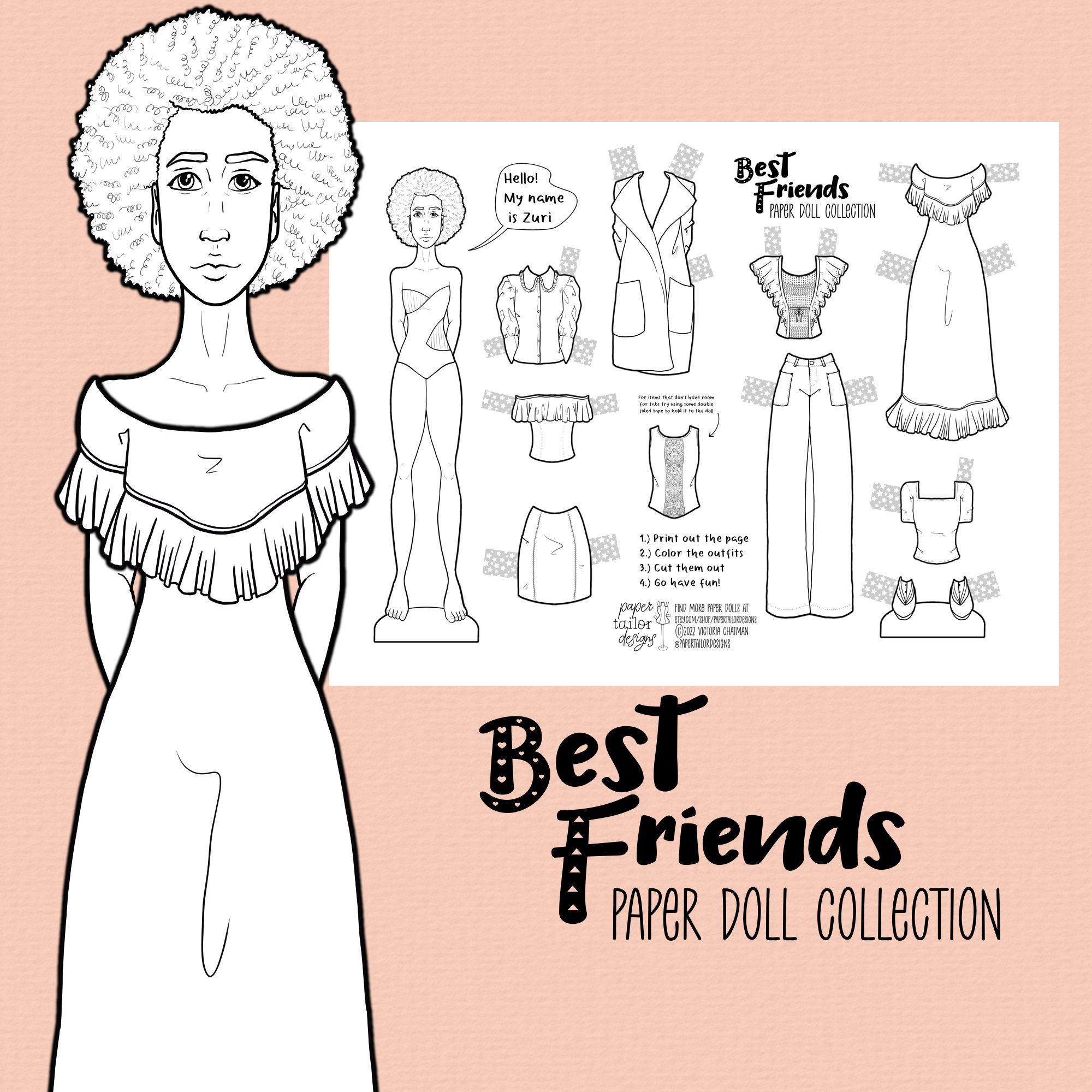 Zuri the paper doll coloring page with outfits digital download kids activity