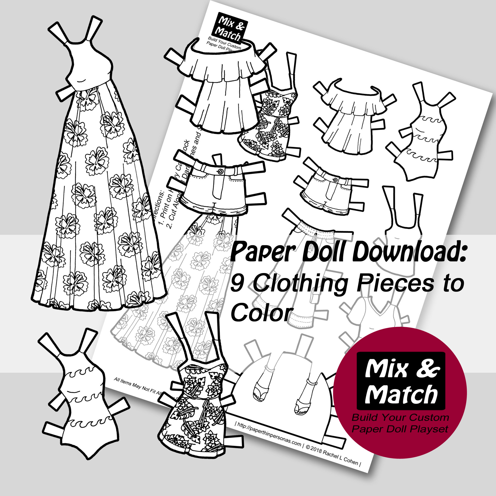 Vacation paper doll clothing digital download printable paper doll coloring page kids paper doll craft printable coloring sheet