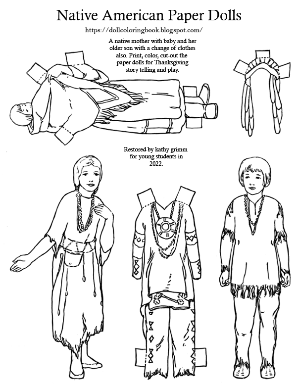 The doll coloring book native american paper dolls to color