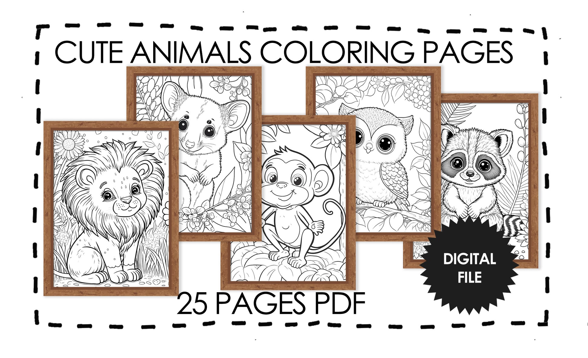 Cute baby animals coloring pages with wooden frame ready to hang o â she