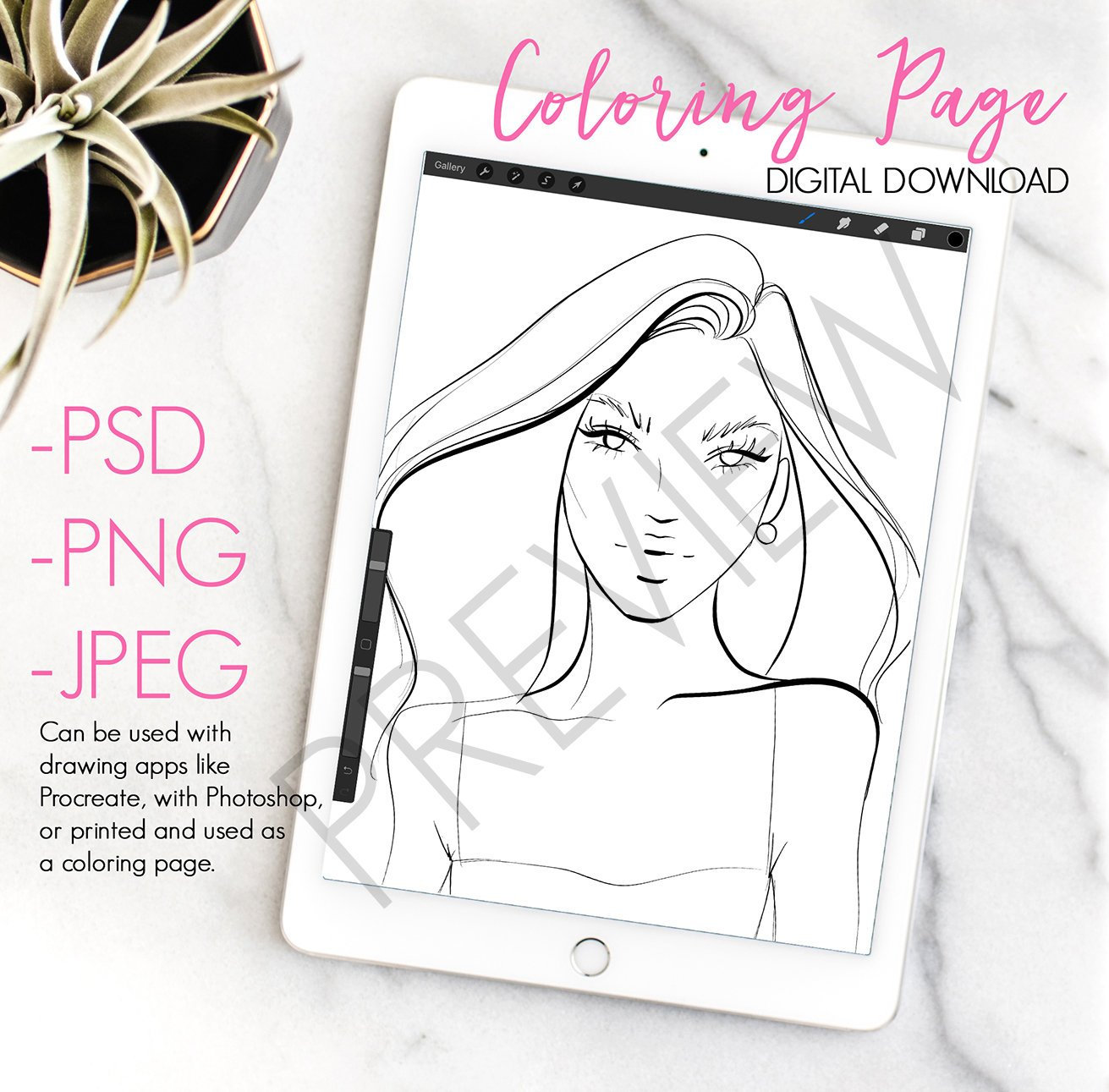 Portrait template coloring page for procreate printing and coloring or photoshop instant digital download