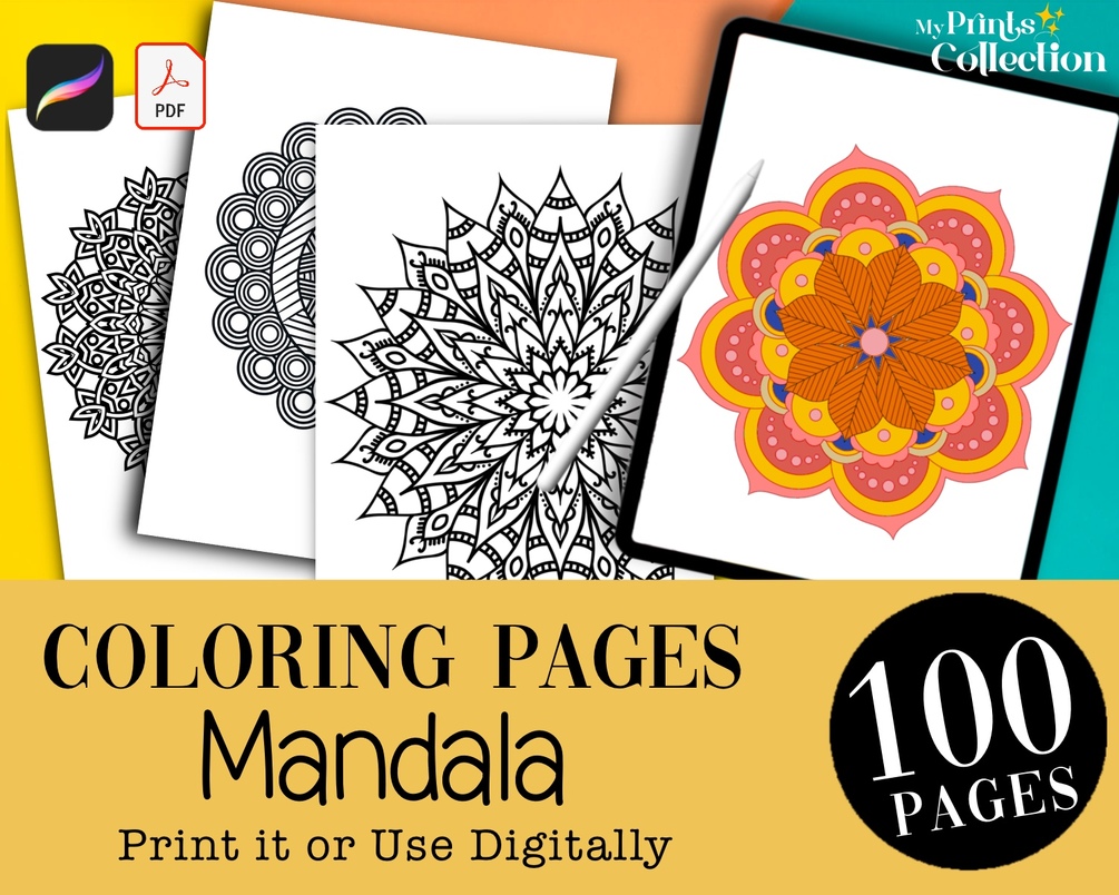 Mandala coloring book pages printable procreate coloring digital download coloring for adults kids crayon brushes