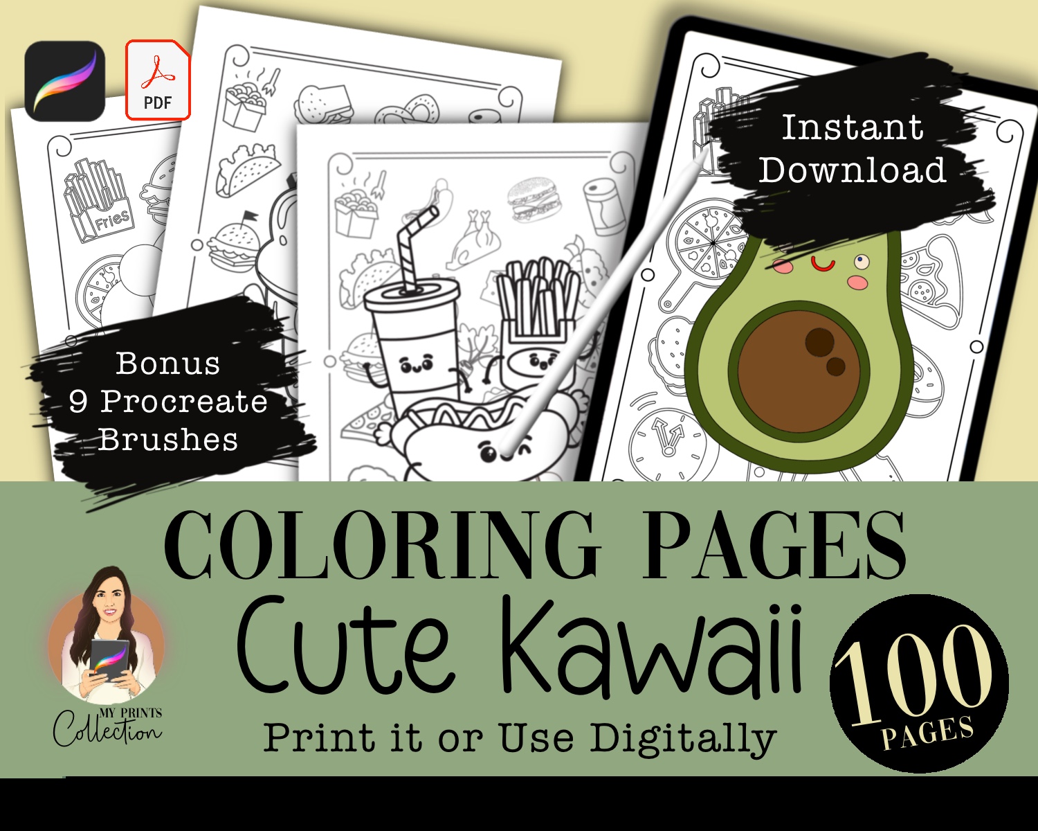 Cute kawaii food coloring book pages printable procreate coloring digital download