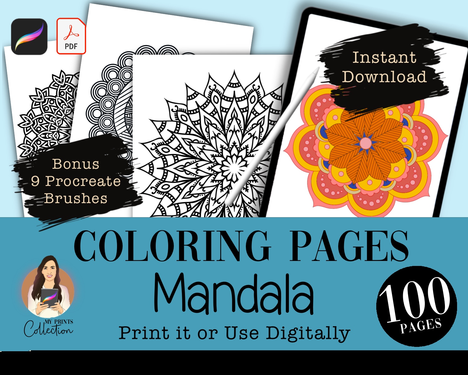 Mandala coloring pages printable procreate digital download adults