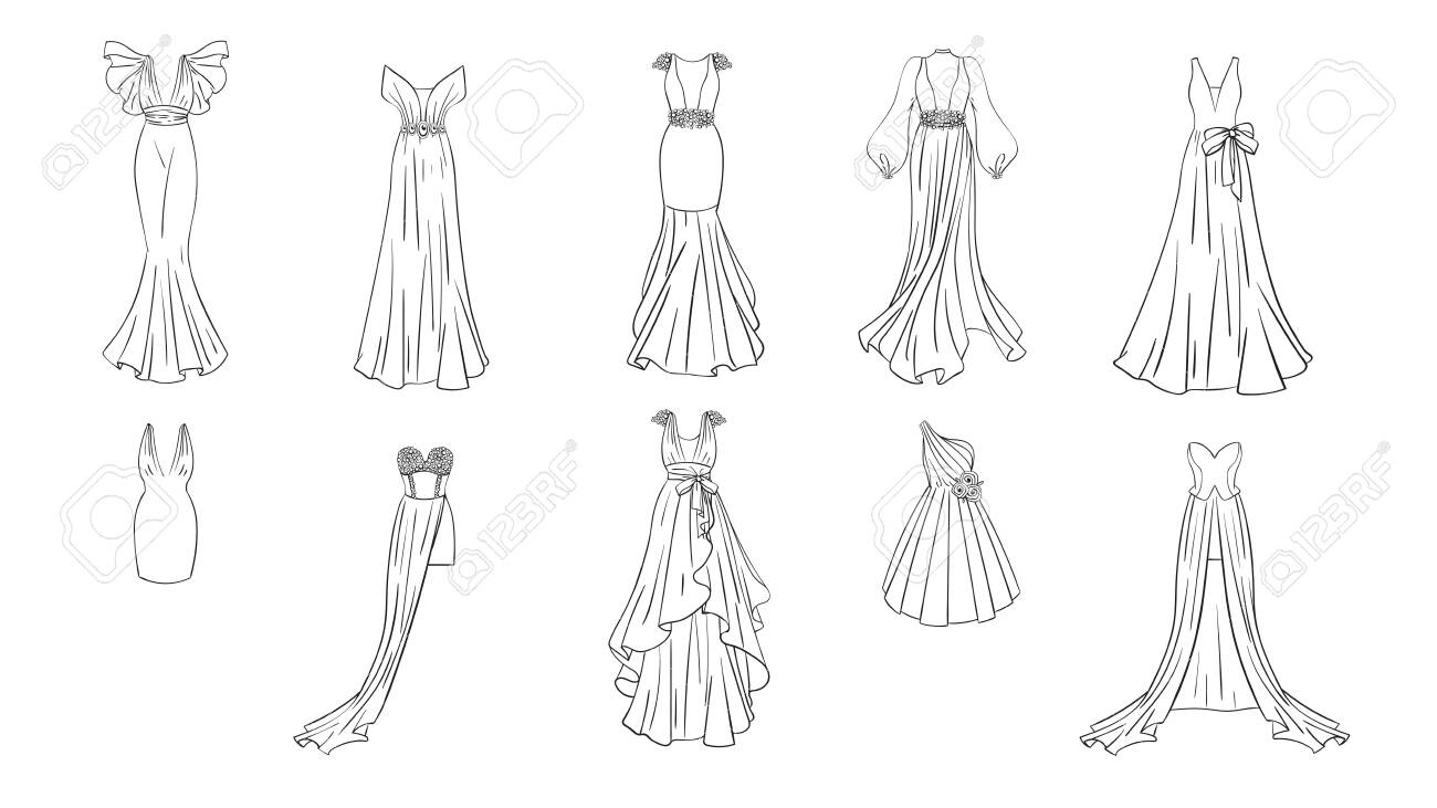 A set of different dresses modern and classic style dresses for prom gala evening wedding masquerade points coloring page for girls royalty free svg cliparts vectors and stock illustration image