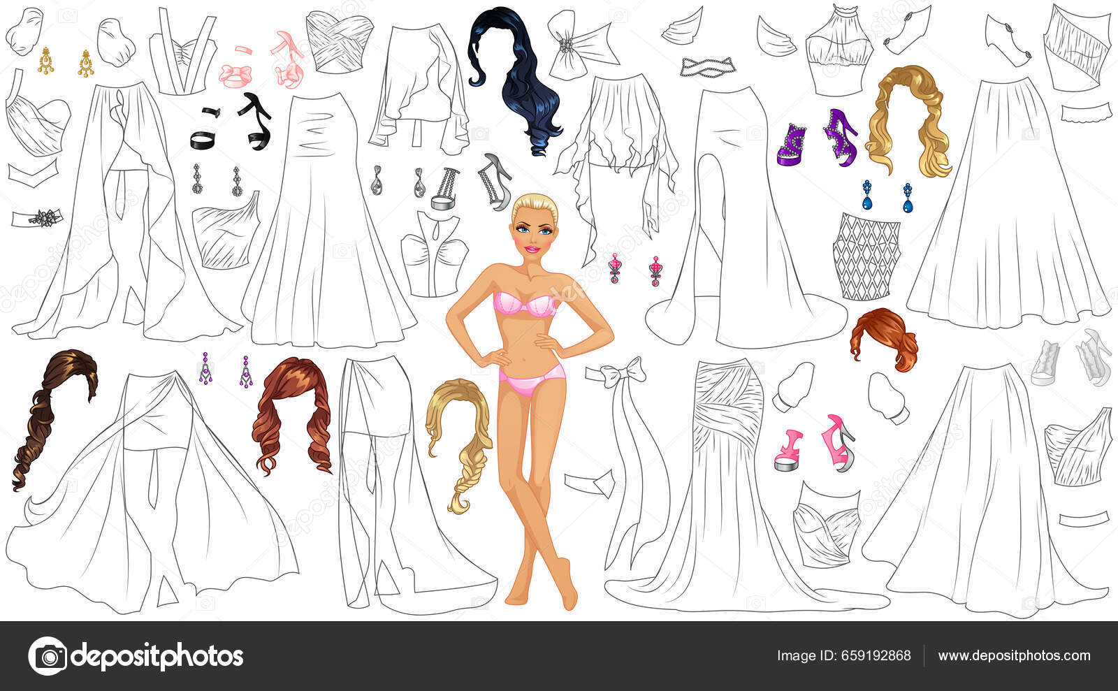 Prom dress coloring page pappersdocka med klãder frisyrer och tillbehãr vektor av manugmz