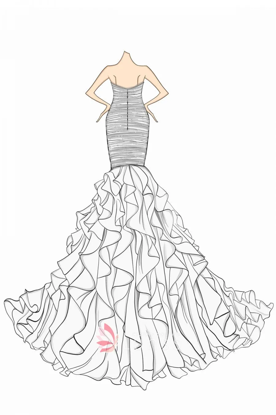 Pleated cascading ruffled mermaid prom dress sketch