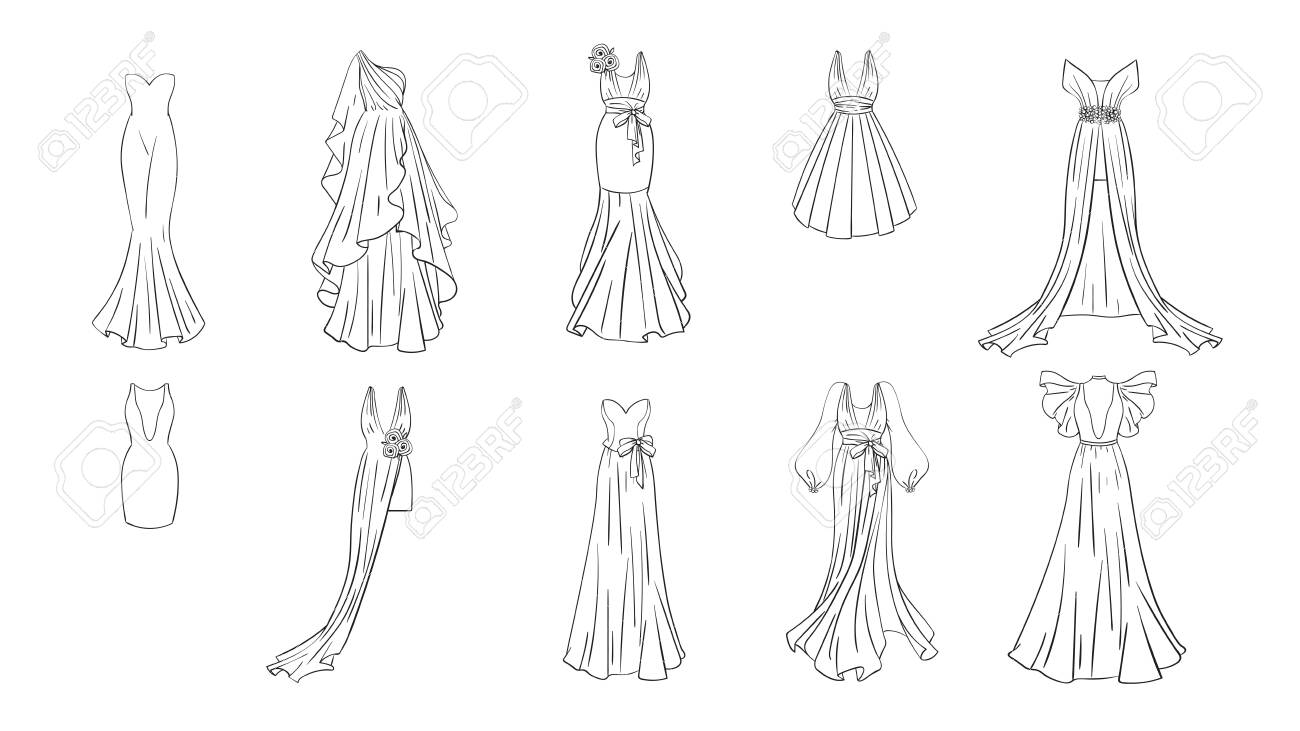 A set of different dresses modern and classic style dresses for prom gala evening wedding masquerade points coloring page for girls royalty free svg cliparts vectors and stock illustration image