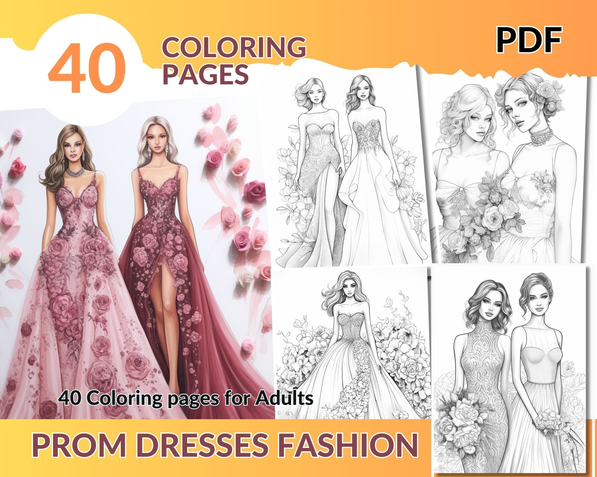 Coloring pages prom dresses fashion peace and relaxation all ages coloring book pdf stress relieving instant download