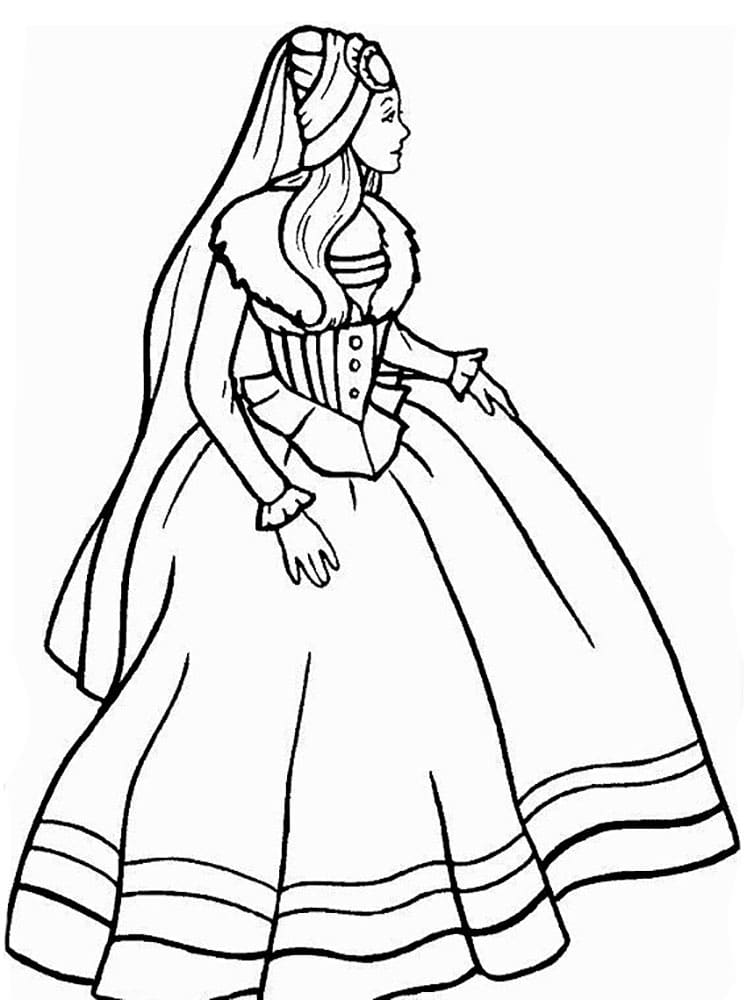 Drawing of a queen in a long prom dress coloring page