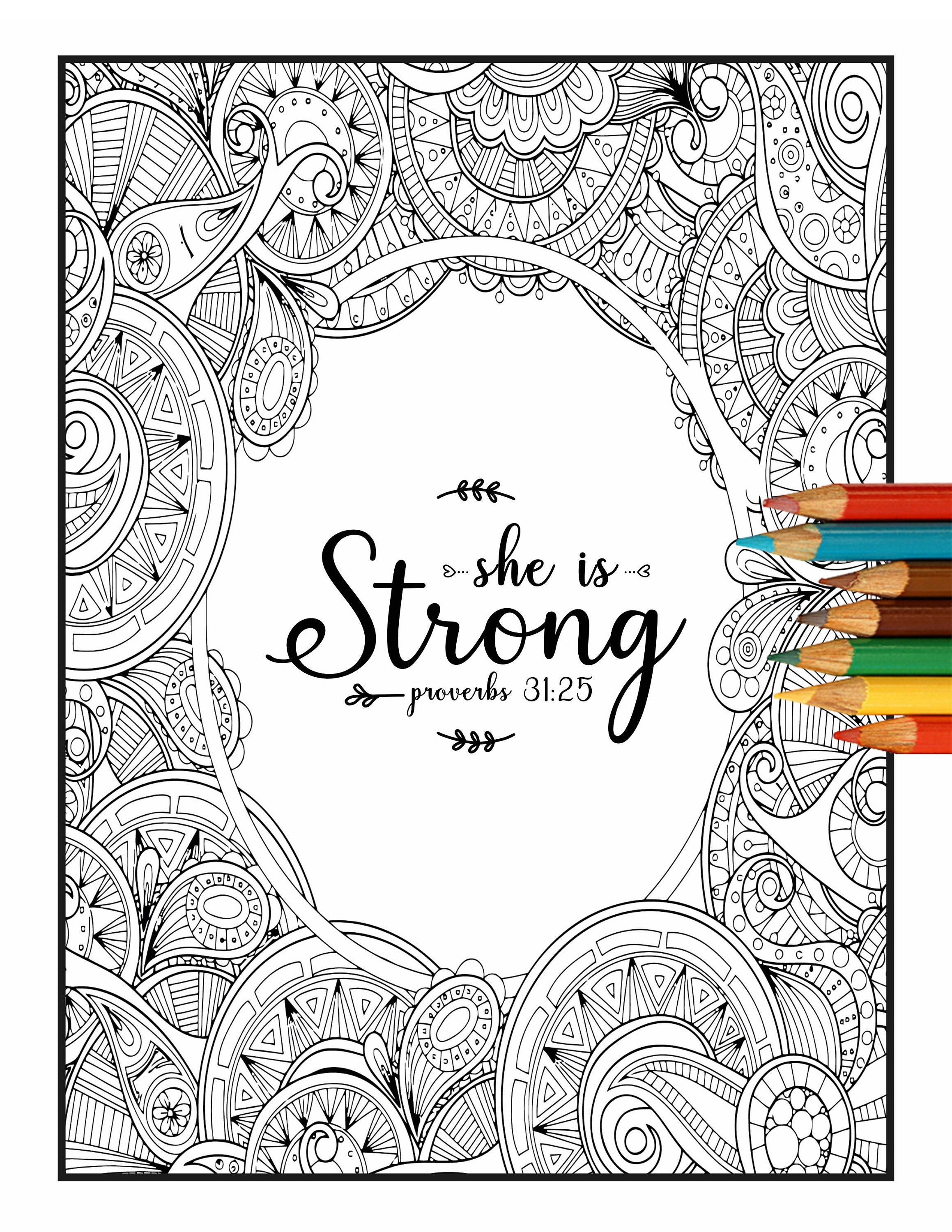 Proverbs she is strong printable bible verse coloring scripture coloring page mothers day gift friend birthday gift wall art