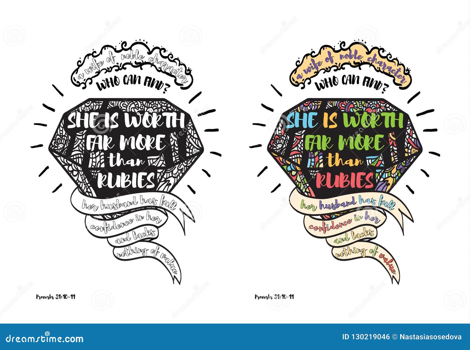 Coloring page and colored example with quote stock vector