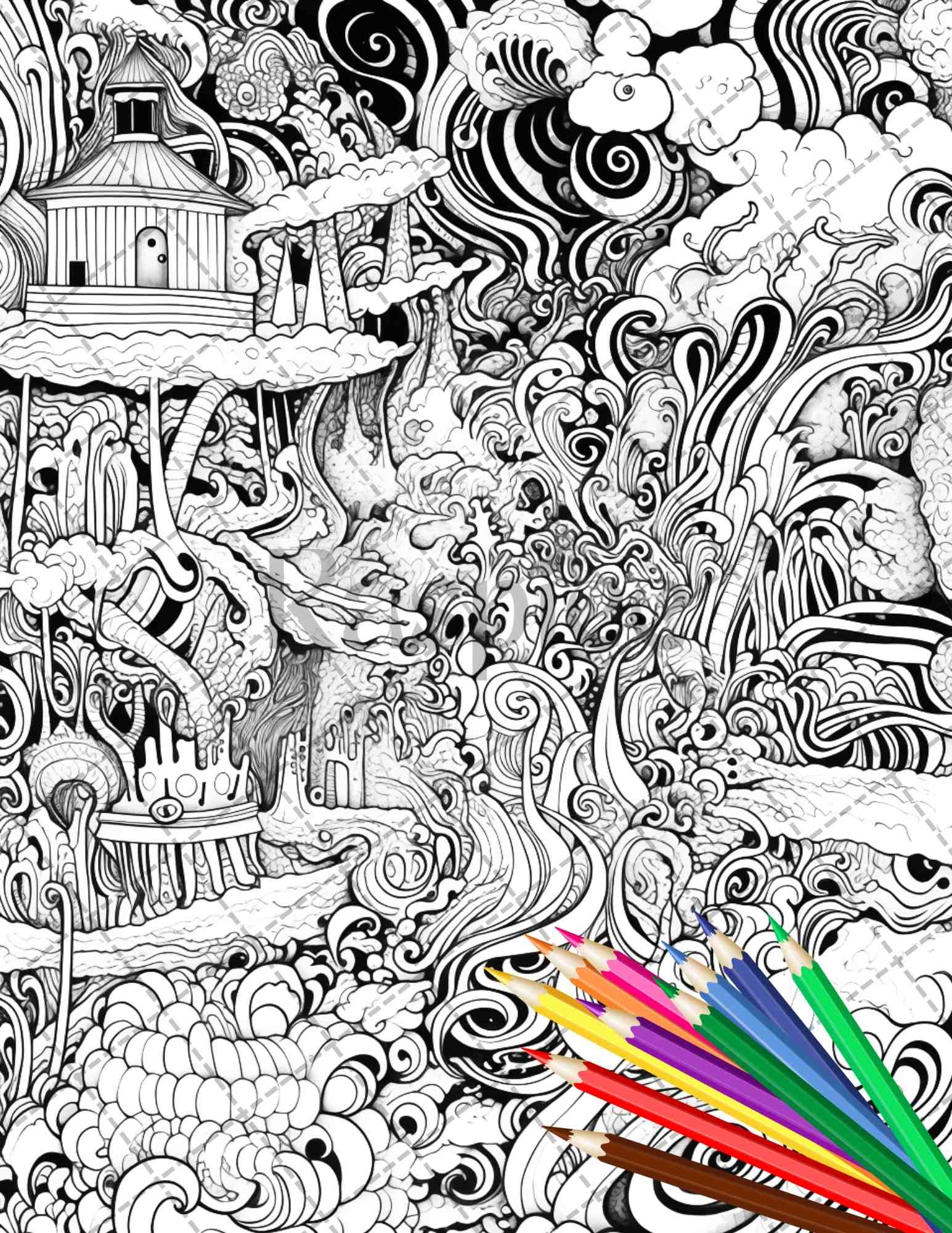 Psychedelic trippy coloring book printable for adults grayscale color â coloring