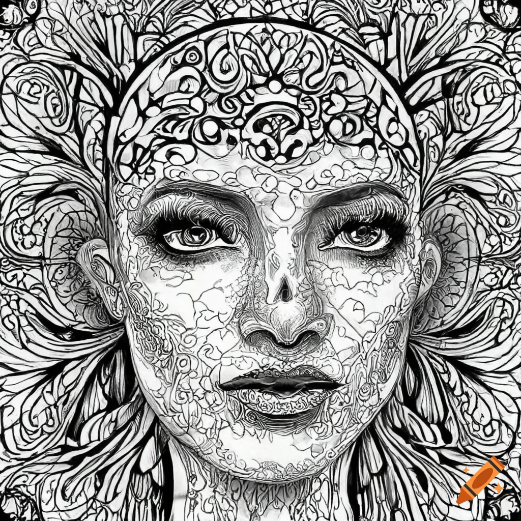 Coloring pages for adults black and white coloring page psychedelic fairy in the style of art nouveau swirly lines high detail geometric background black and white no shading on
